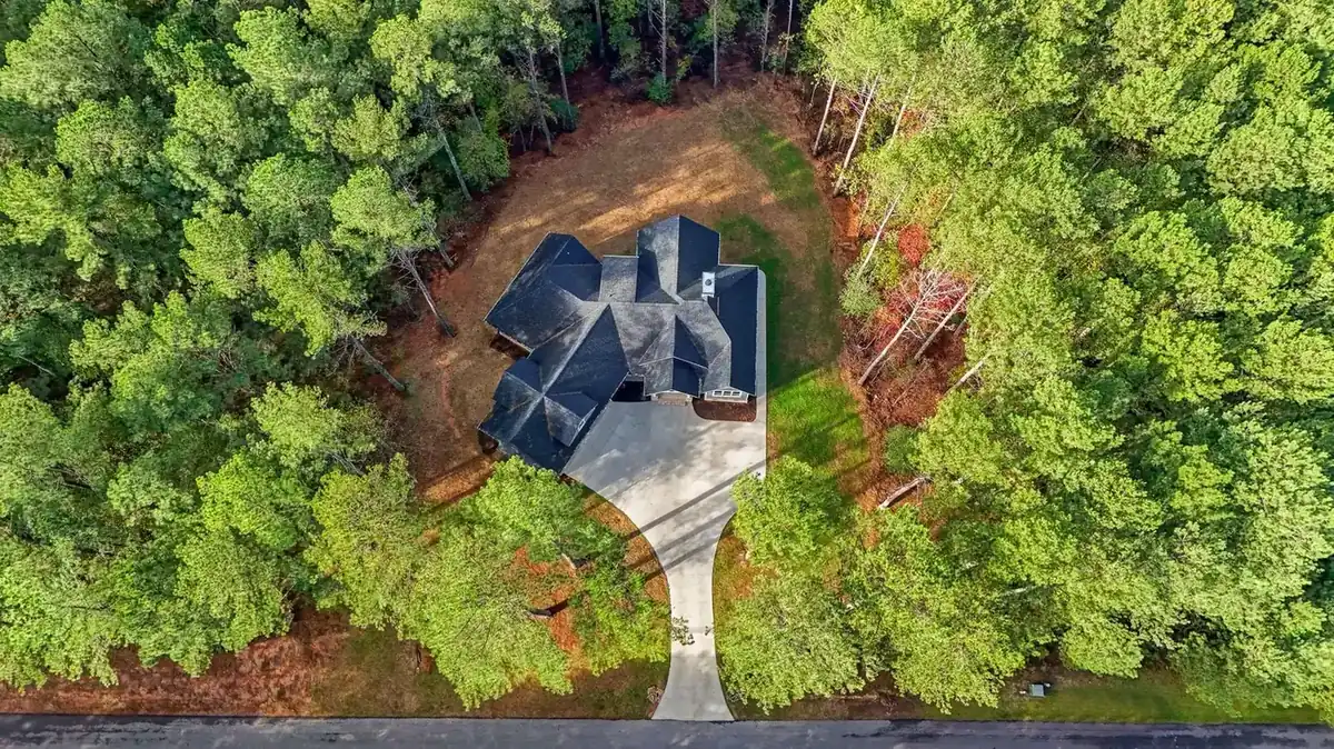 Aerial drone view of a completed shingle roof inspection by S&S Roofing in Hickory, NC