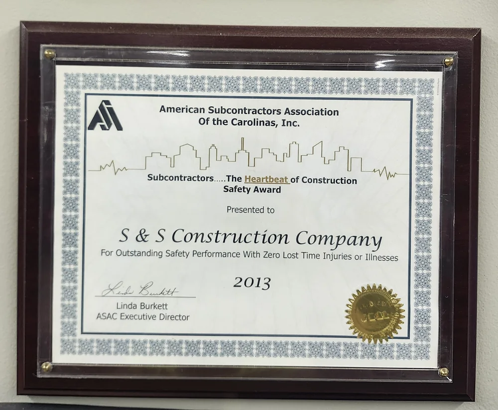 American Subcontractors Association of the Carolinas Safety Award for zero lost-time injuries