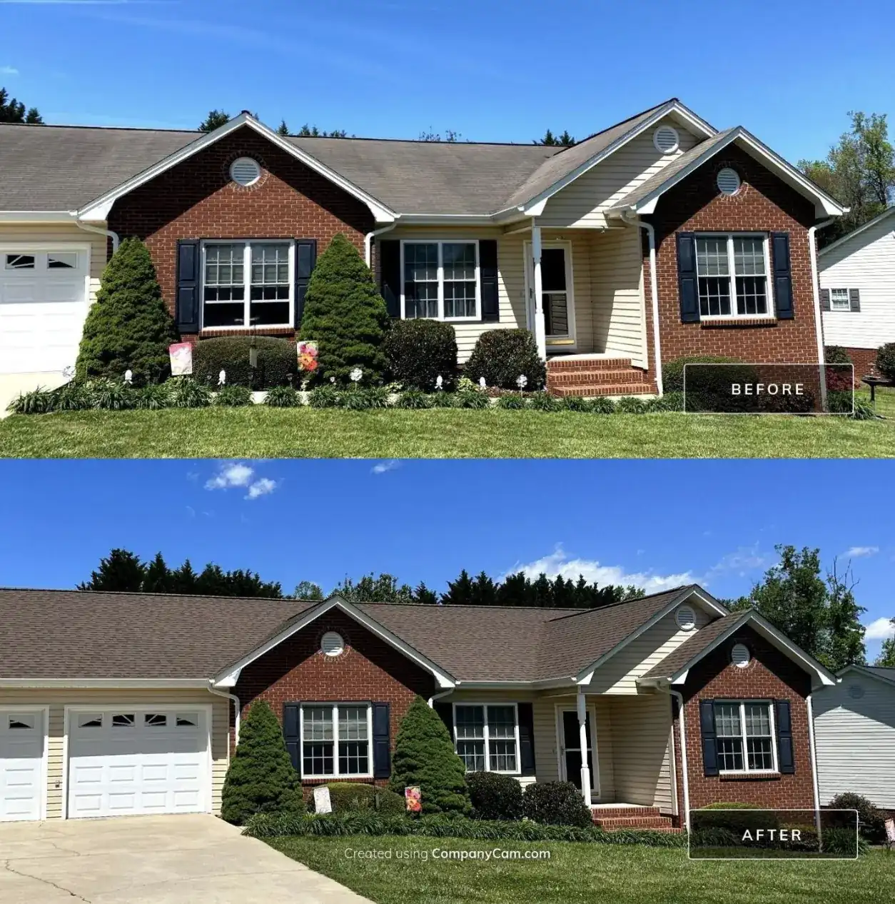 Before and after shingle roof replacement by S&S Roofing near Hickory, NC