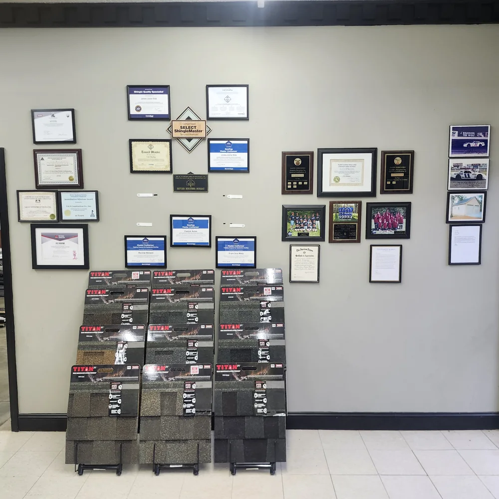 CertainTeed ShingleMaster certification plaque displayed at the S&S Roofing office